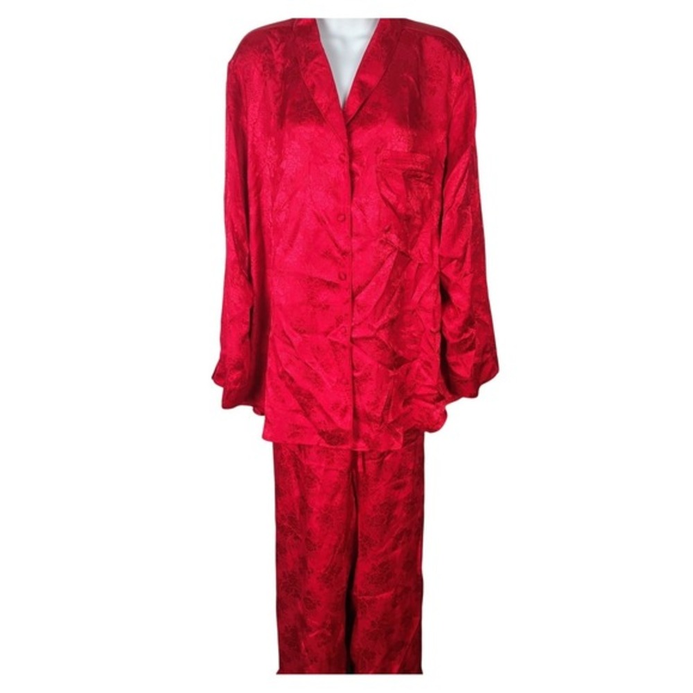 Kim Rogers Intimates Red Floral Jacquard‎ Satin Pajamas chic whimiscal  romantic